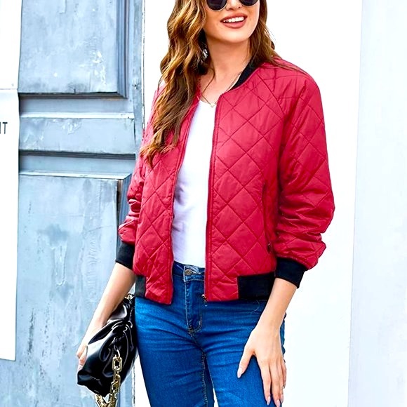 zeagoo Jackets & Blazers - ⭐️HP⭐️ NWT ZEAGOO Red Quilted Bomber Jacket Zip-Up Outerwear - Women's Sz Small